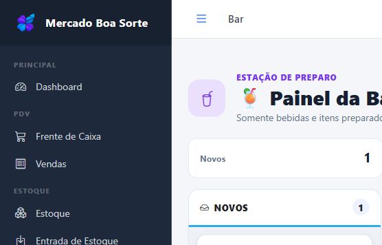 Painel do bar do Sistema Boa Sorte com pedidos separados por andamento